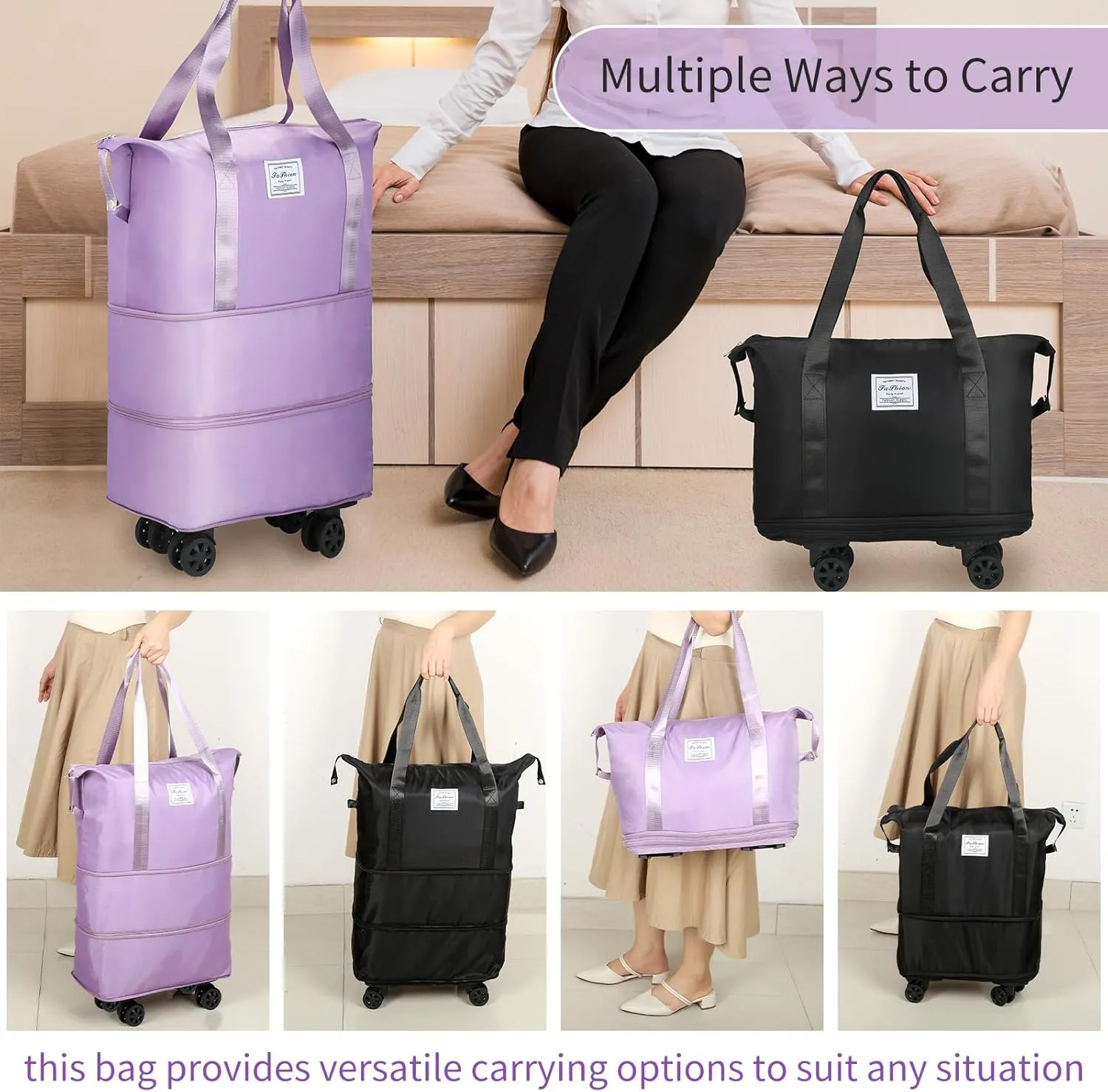 Expandable foldable duffel bag suitcase with Removable Wheels M -Purple