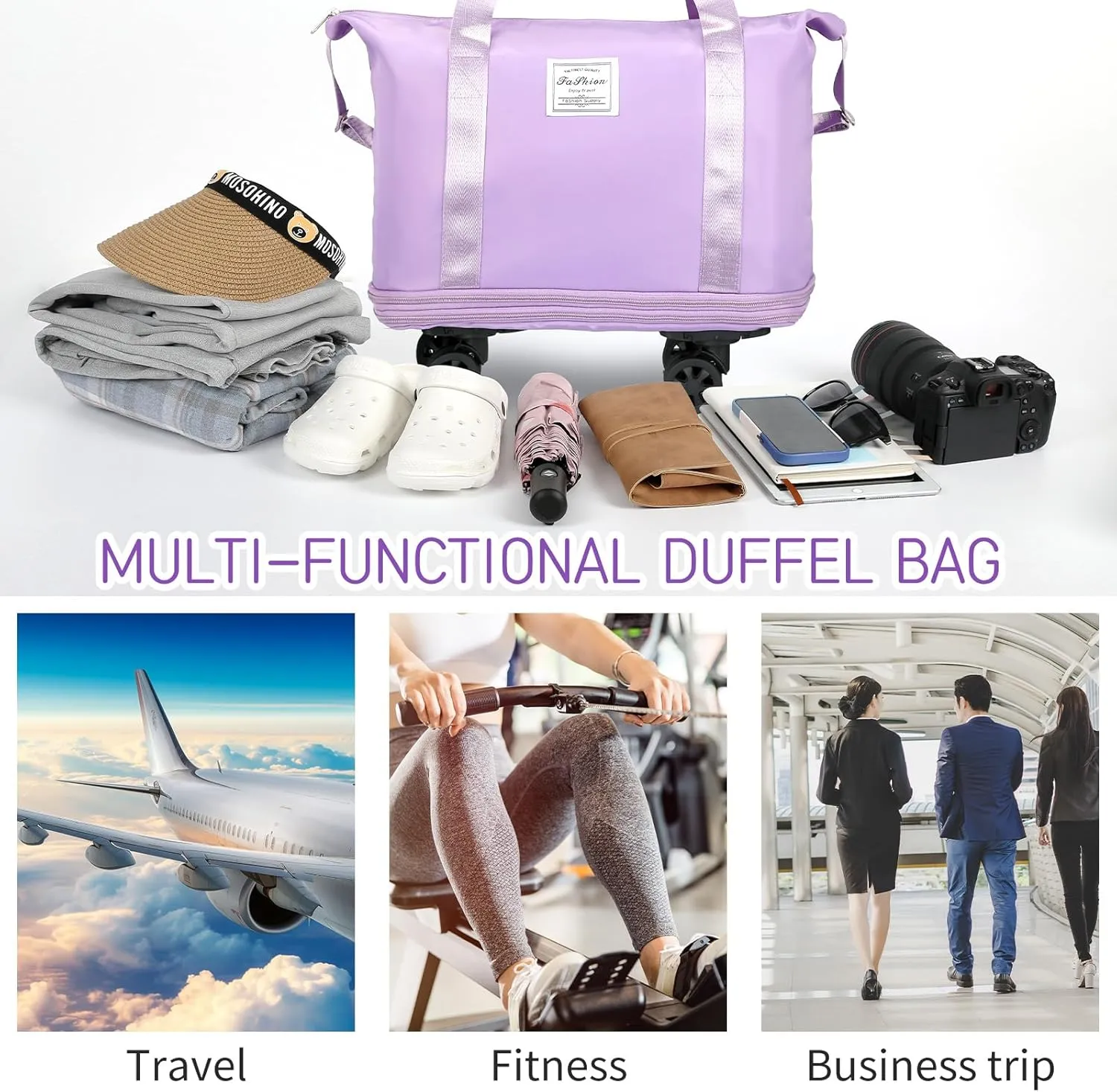 Expandable foldable duffel bag suitcase with Removable Wheels M -Purple