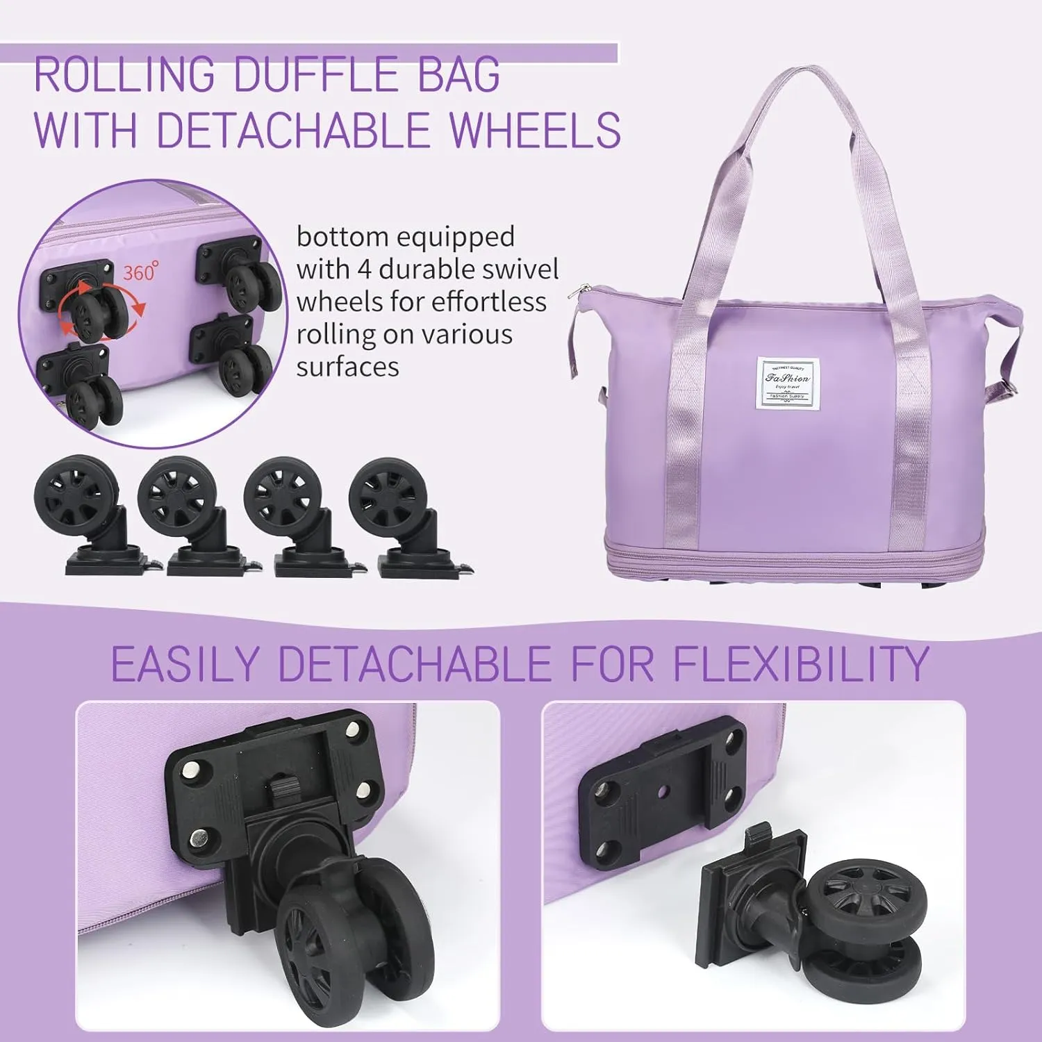 Expandable foldable duffel bag suitcase with Removable Wheels M -Purple