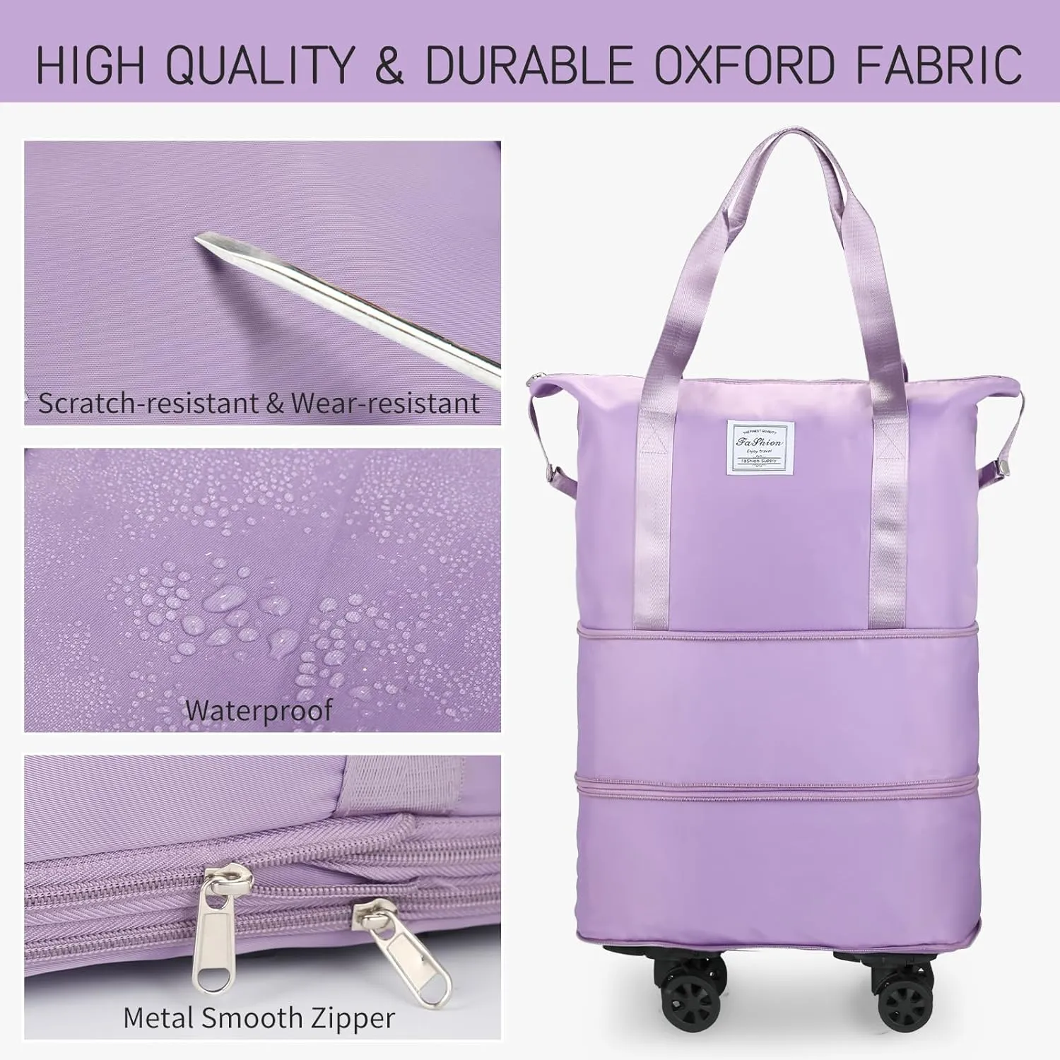 Expandable foldable duffel bag suitcase with Removable Wheels M -Purple