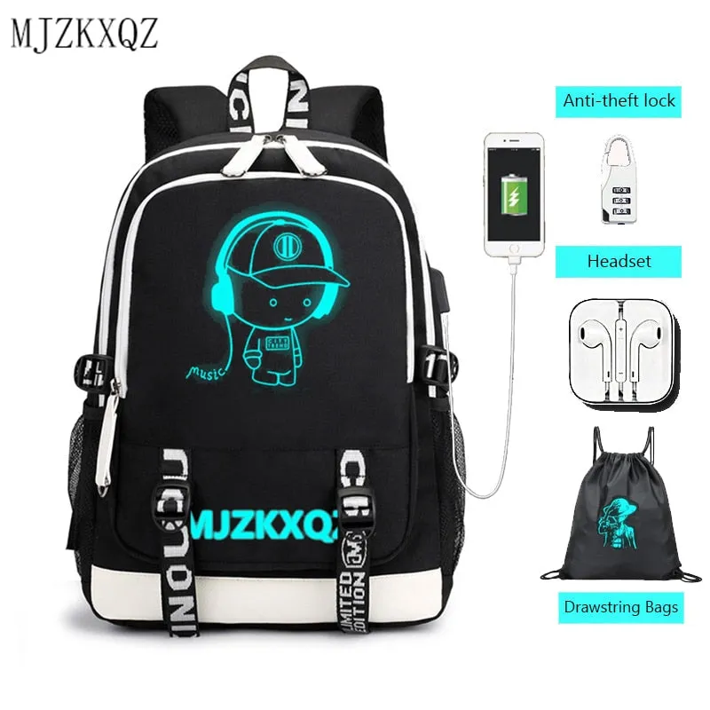 Fashion Music Luminous  USB Charging Headphone Jack Backpack School Bags Laptop Backpack Schoolbag Anime Backpack