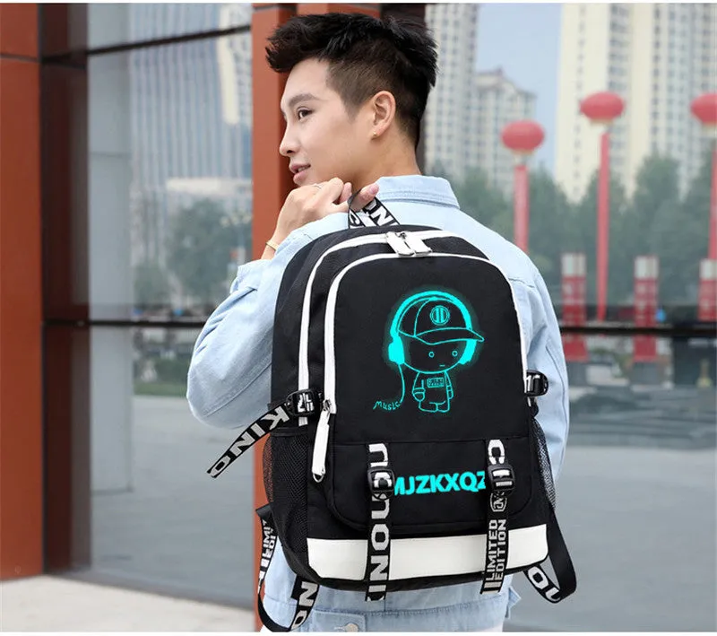 Fashion Music Luminous  USB Charging Headphone Jack Backpack School Bags Laptop Backpack Schoolbag Anime Backpack