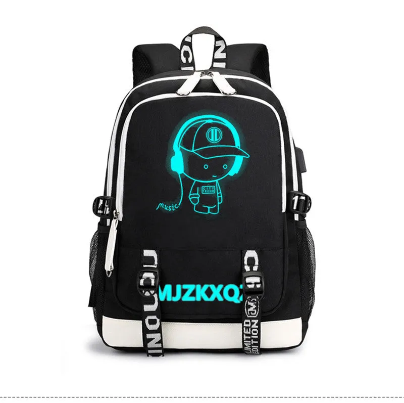 Fashion Music Luminous  USB Charging Headphone Jack Backpack School Bags Laptop Backpack Schoolbag Anime Backpack