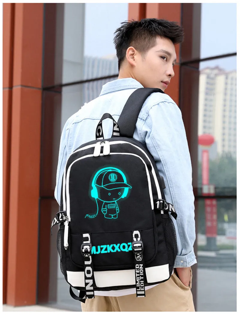 Fashion Music Luminous  USB Charging Headphone Jack Backpack School Bags Laptop Backpack Schoolbag Anime Backpack