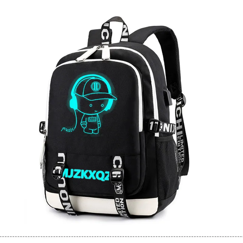 Fashion Music Luminous  USB Charging Headphone Jack Backpack School Bags Laptop Backpack Schoolbag Anime Backpack