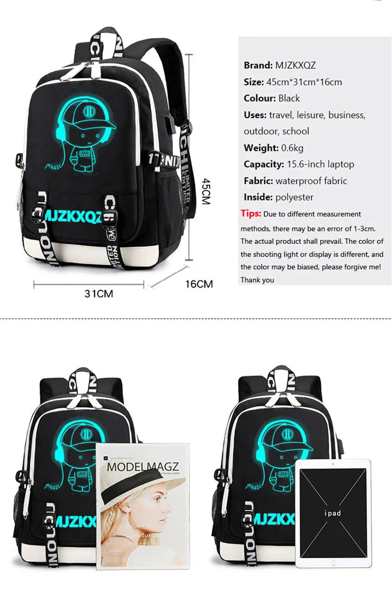 Fashion Music Luminous  USB Charging Headphone Jack Backpack School Bags Laptop Backpack Schoolbag Anime Backpack