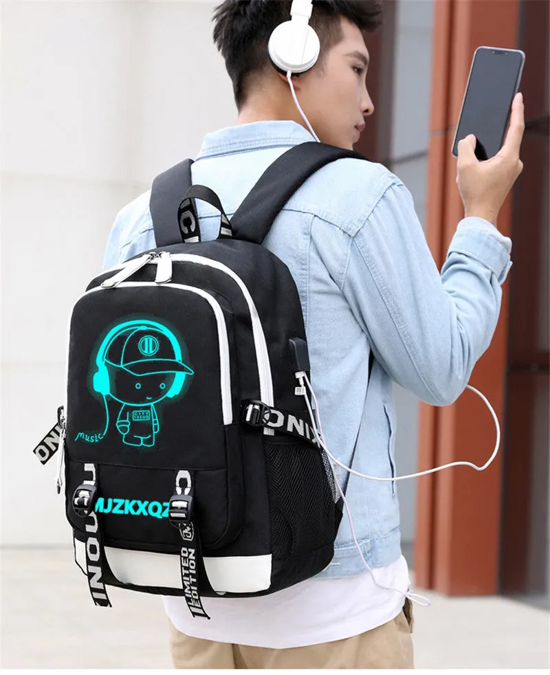 Fashion Music Luminous  USB Charging Headphone Jack Backpack School Bags Laptop Backpack Schoolbag Anime Backpack