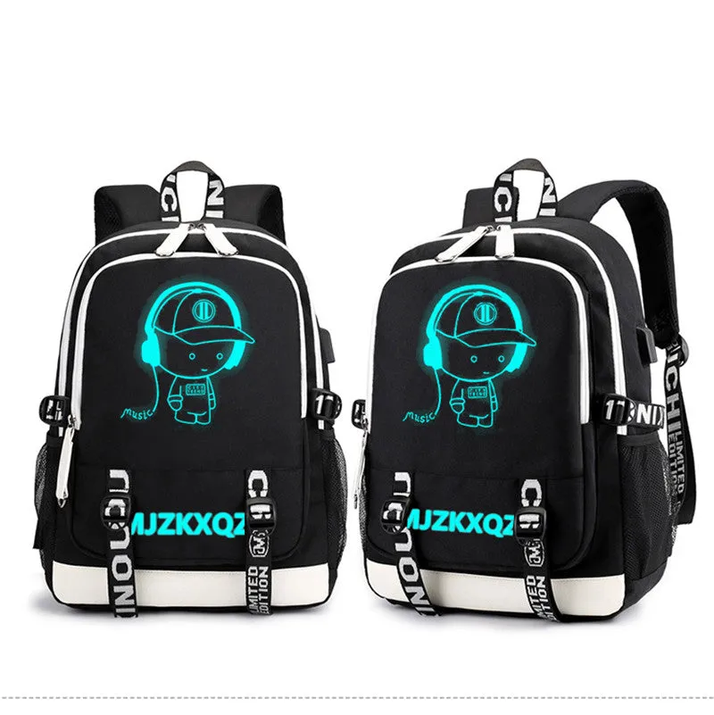 Fashion Music Luminous  USB Charging Headphone Jack Backpack School Bags Laptop Backpack Schoolbag Anime Backpack