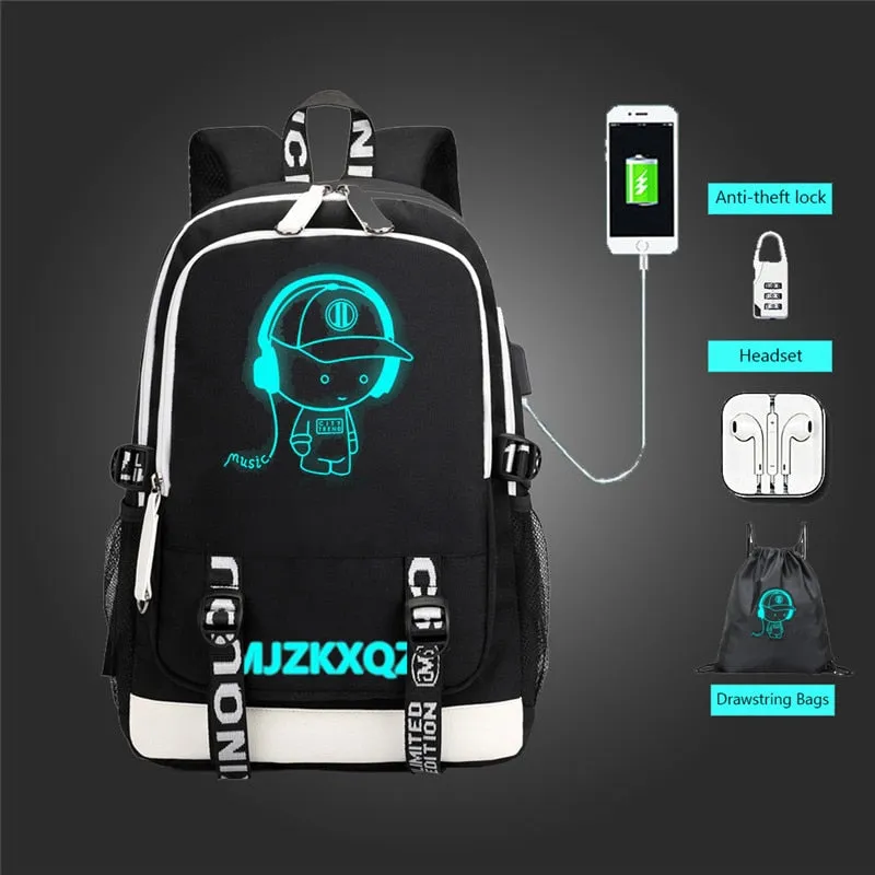 Fashion Music Luminous  USB Charging Headphone Jack Backpack School Bags Laptop Backpack Schoolbag Anime Backpack