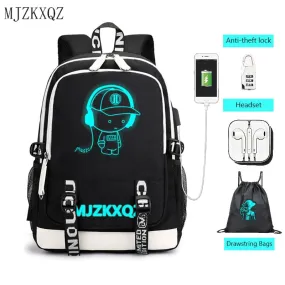 Fashion Music Luminous  USB Charging Headphone Jack Backpack School Bags Laptop Backpack Schoolbag Anime Backpack