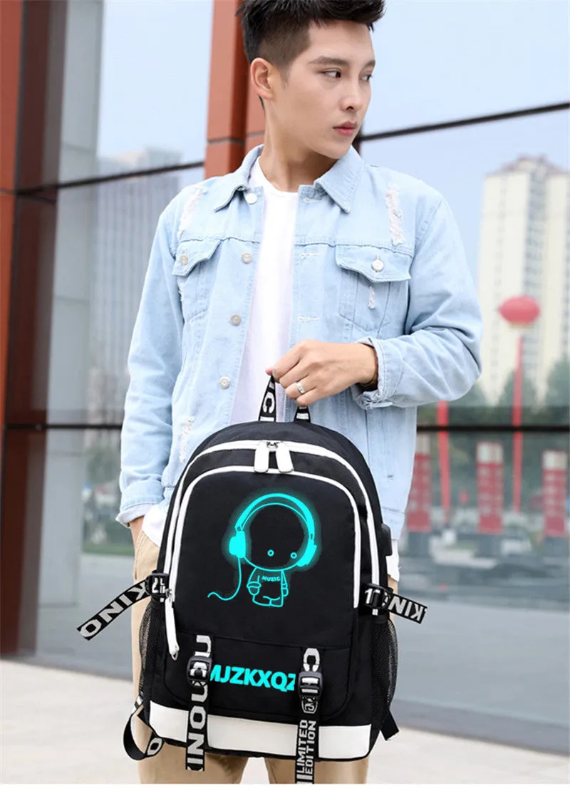 Fashion Music Luminous  USB Charging Headphone Jack Backpack School Bags Laptop Backpack Schoolbag Anime Backpack