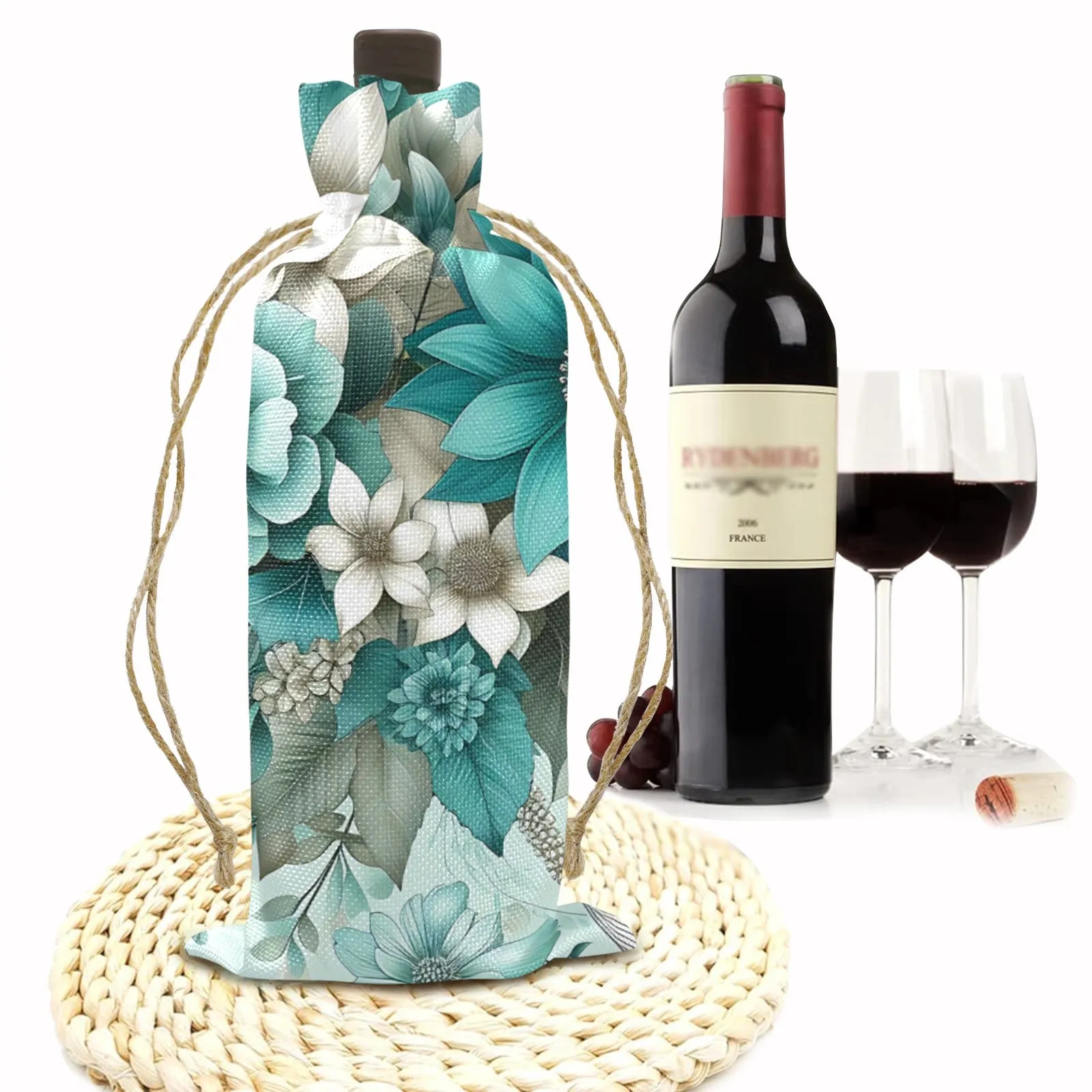 Green Floral awd440 Linen Wine Bottle Bag