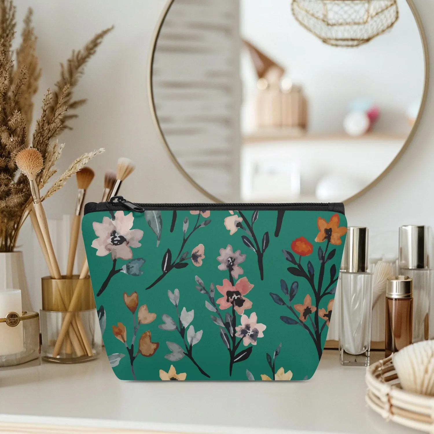 Green Floral Zipper Makeup Bag