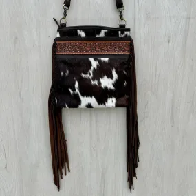 Hand Painted Medium Sling Cowhide Bag With Fringes