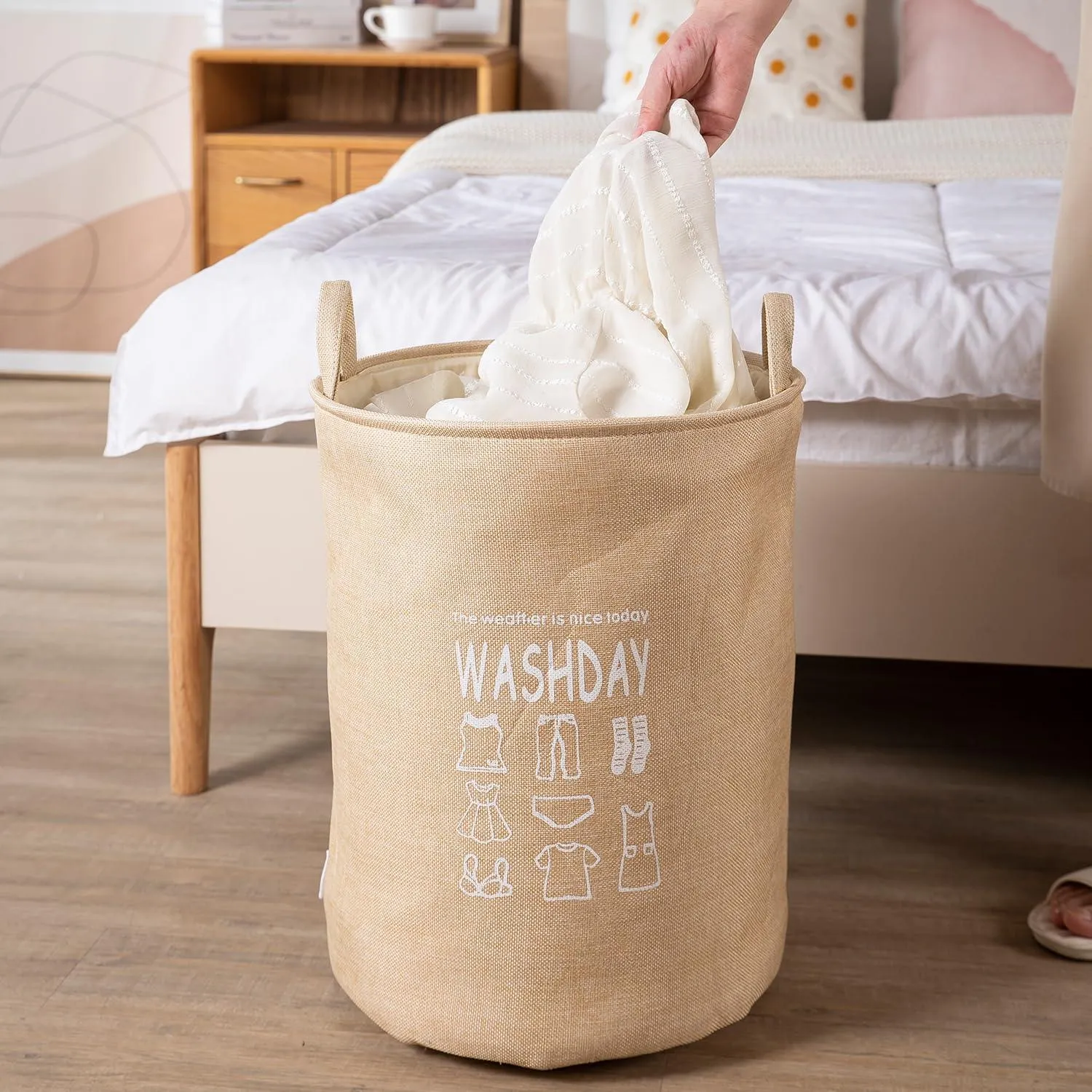 HOKIPO Folding Laundry Basket for Clothes, 43L - Beige