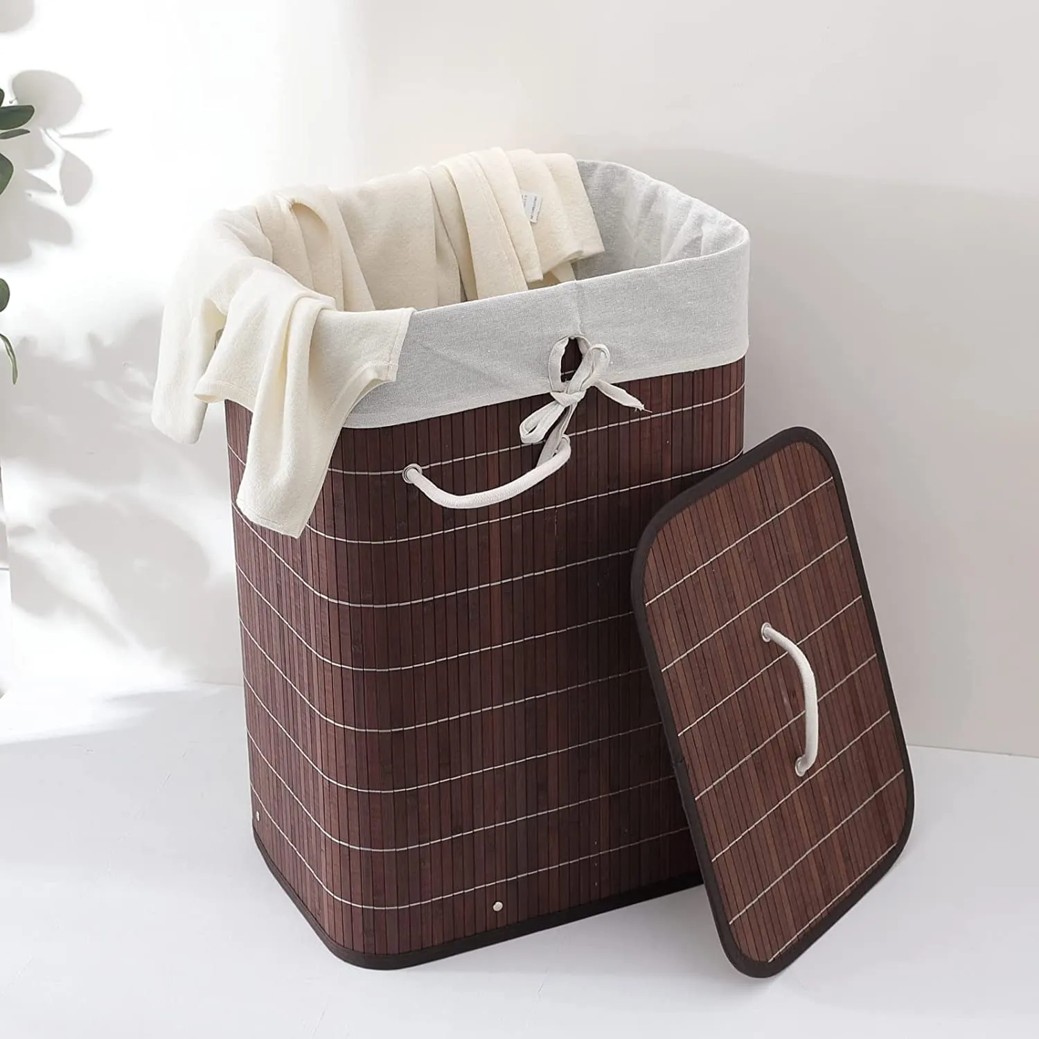 Kuber Industries Bamboo Basket With Lid|Foldable Laundry Basket For Clothes|Durable Rope Handles & Removable Bag|Dark Brown| (Pack Of 2)