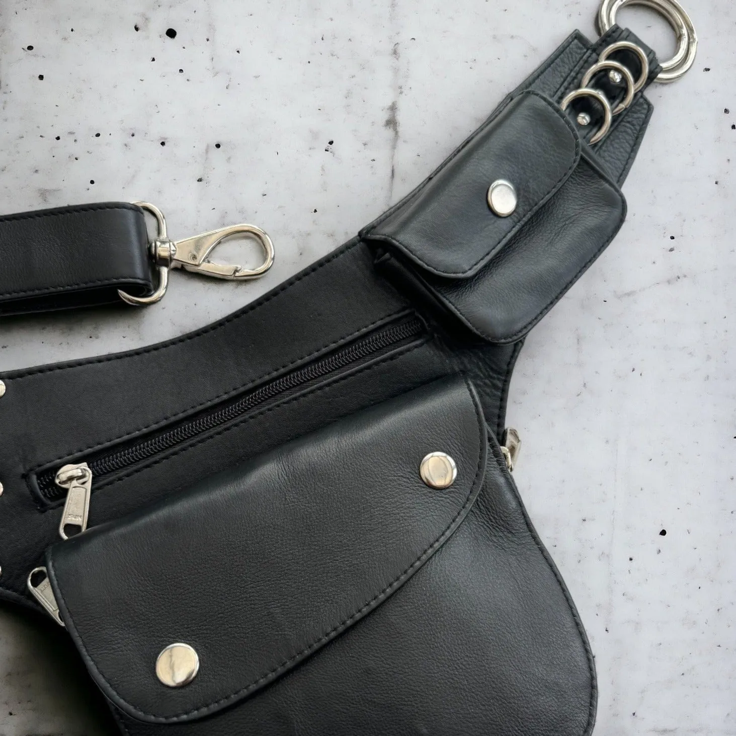 Leather Hip Bag | Black with Silver Hardware