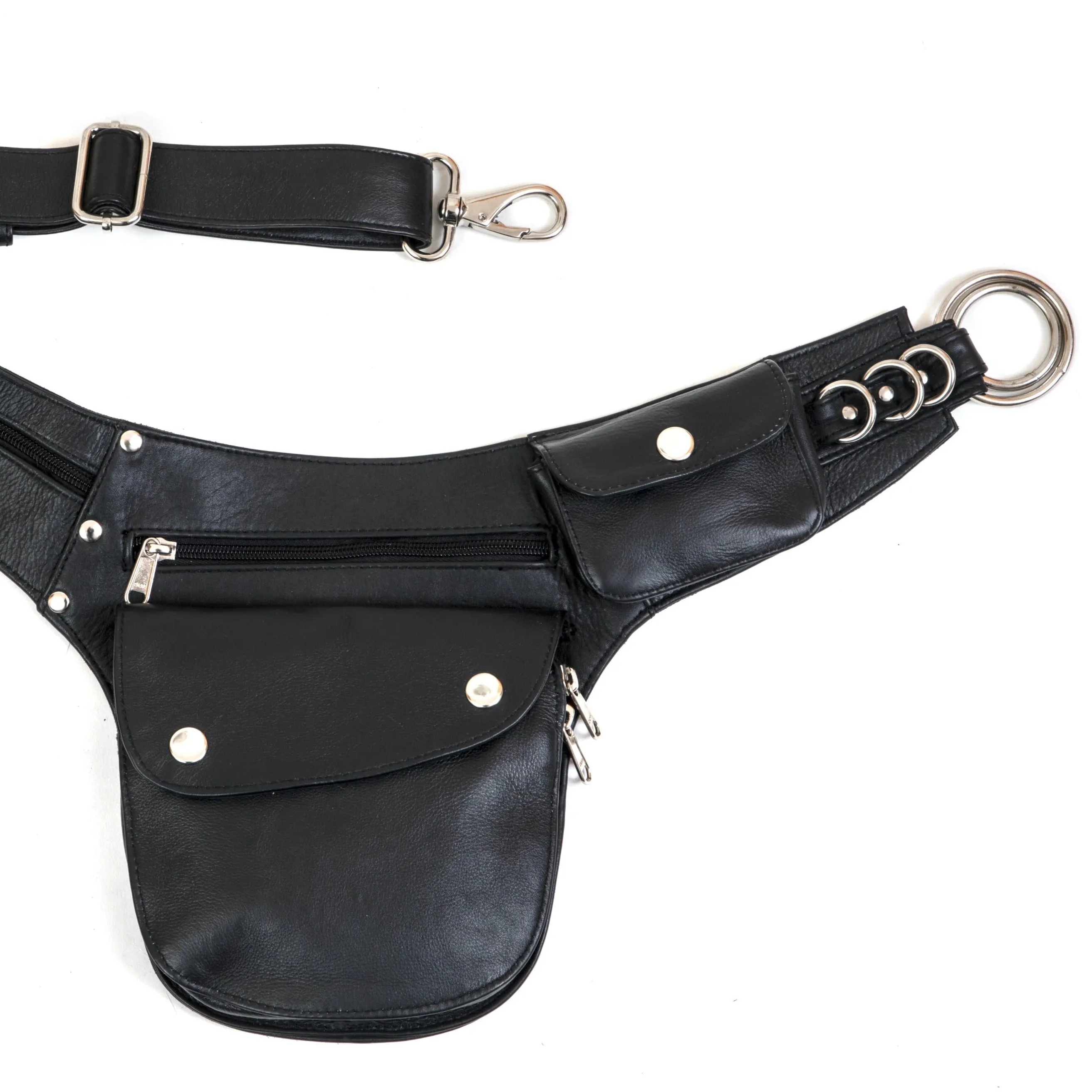 Leather Hip Bag | Black with Silver Hardware