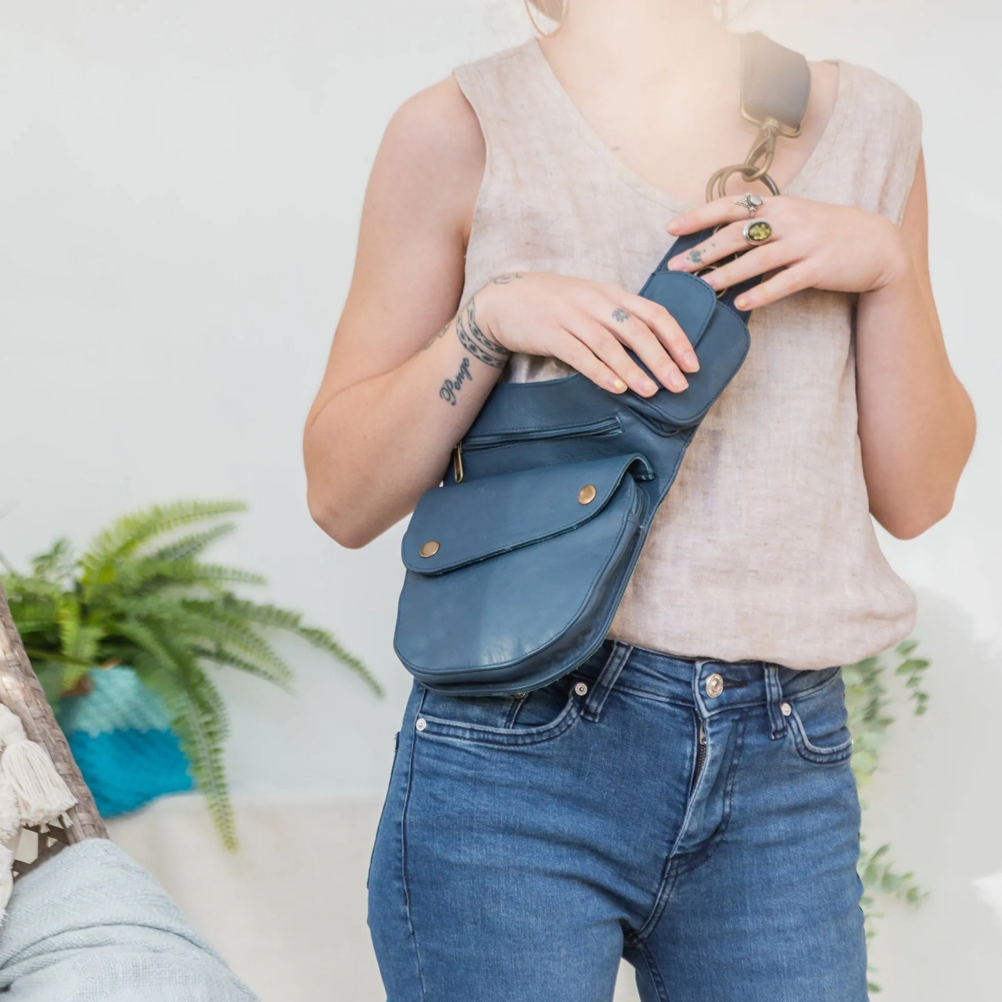 Leather Hip Bag - Stone Blue