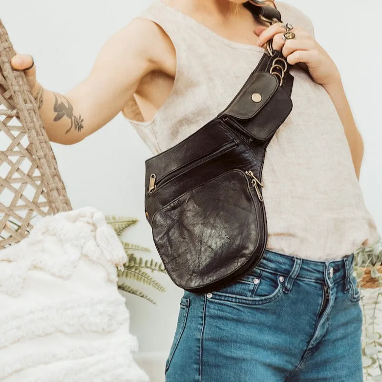 Leather Minimal Hip Bag - Black