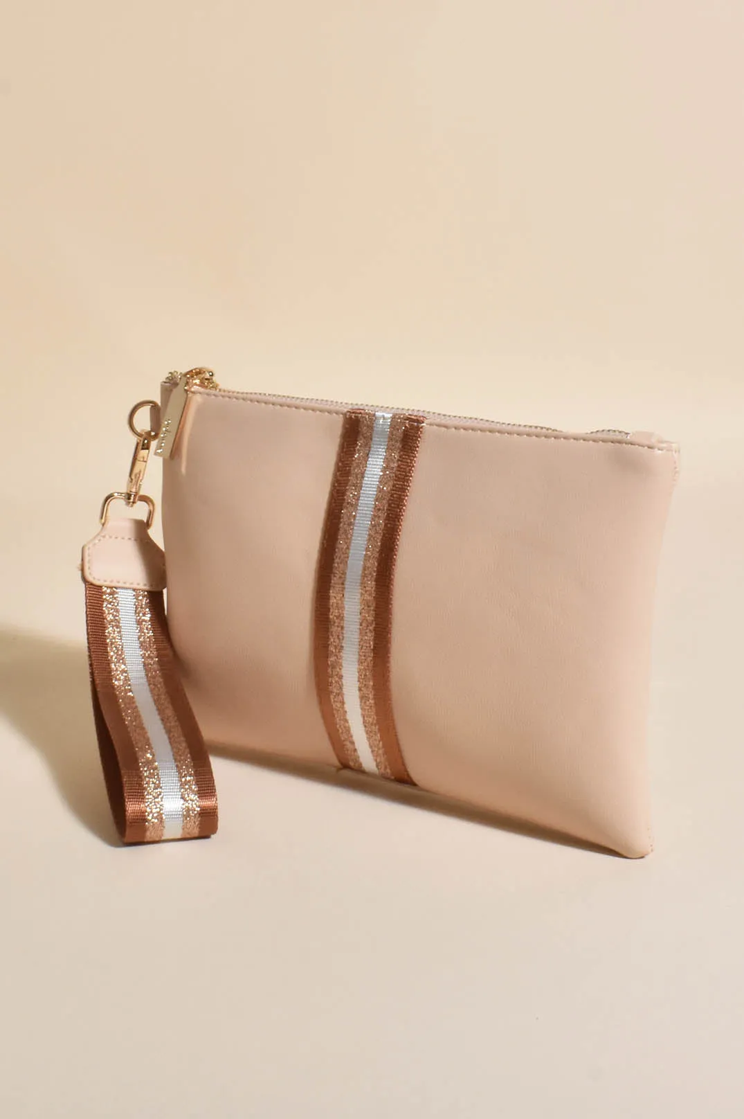 Leila Camel and Gold Stripe Pouch Bag