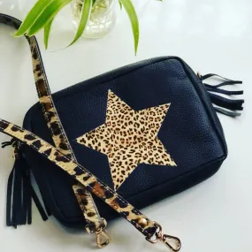 Leopard Star Camera Kylie Pebbled Leather Crossbody Clutch Bag