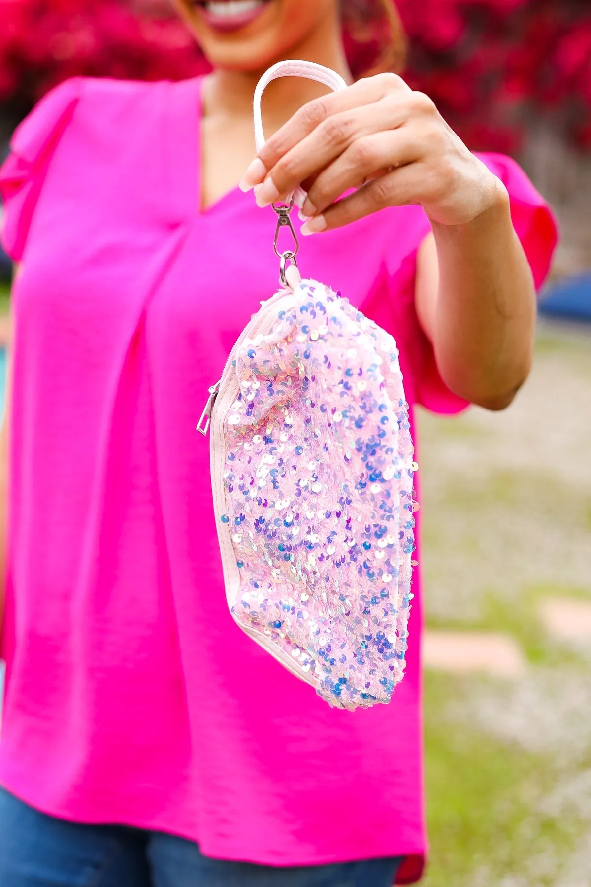 Light Pink Sequin Zipper Bag with Wrist Strap