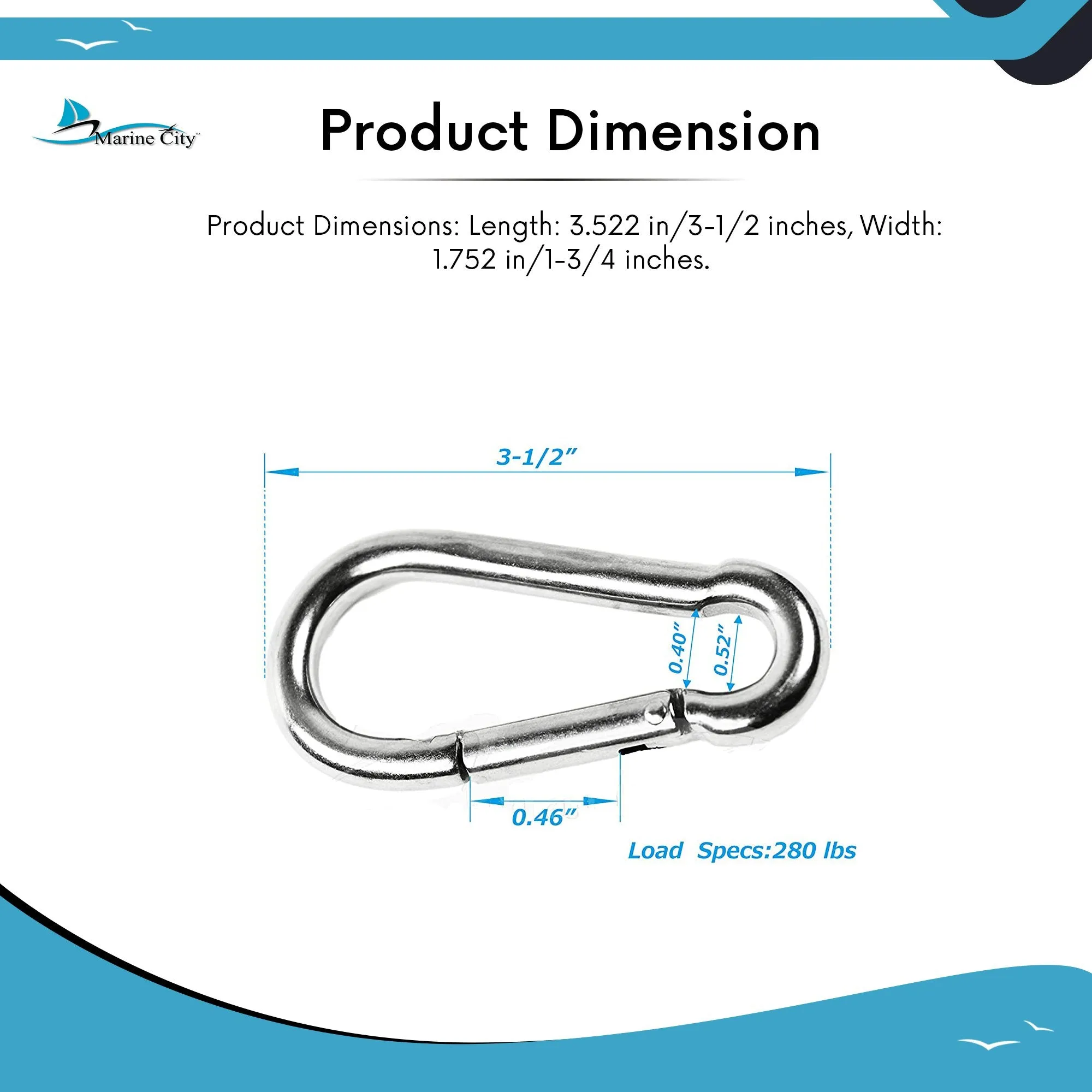 Marine City 316 Stainless-Steel 3-1/2” Carabiners/Clip Snap Hook for Climbing, Fishing, Hiking (4pcs)