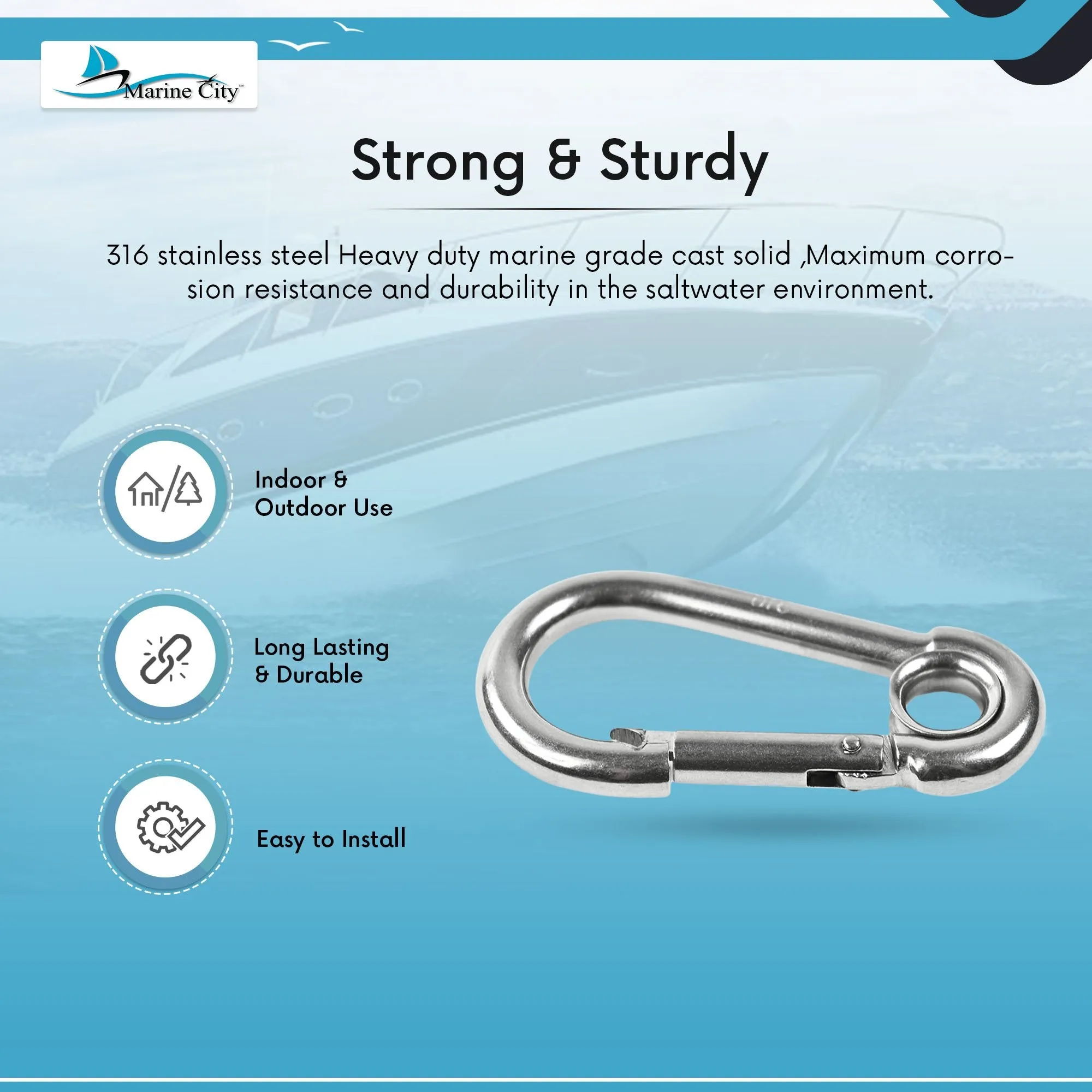 Marine City 316 Stainless-Steel 3-1/2” Carabiners/Clip Snap Hook for Climbing, Fishing, Hiking (4pcs)