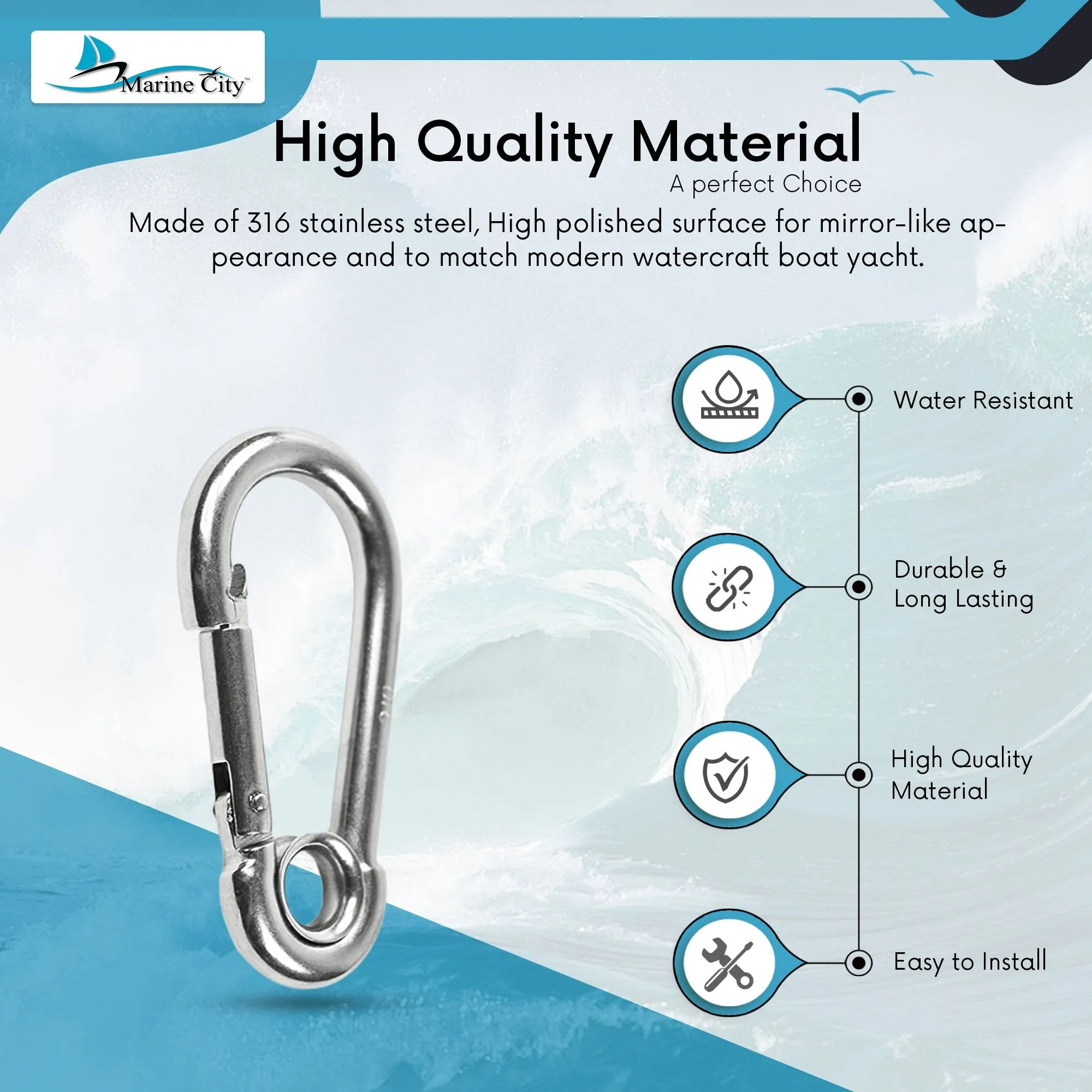 Marine City 316 Stainless-Steel 3-1/2” Carabiners/Clip Snap Hook for Climbing, Fishing, Hiking (4pcs)