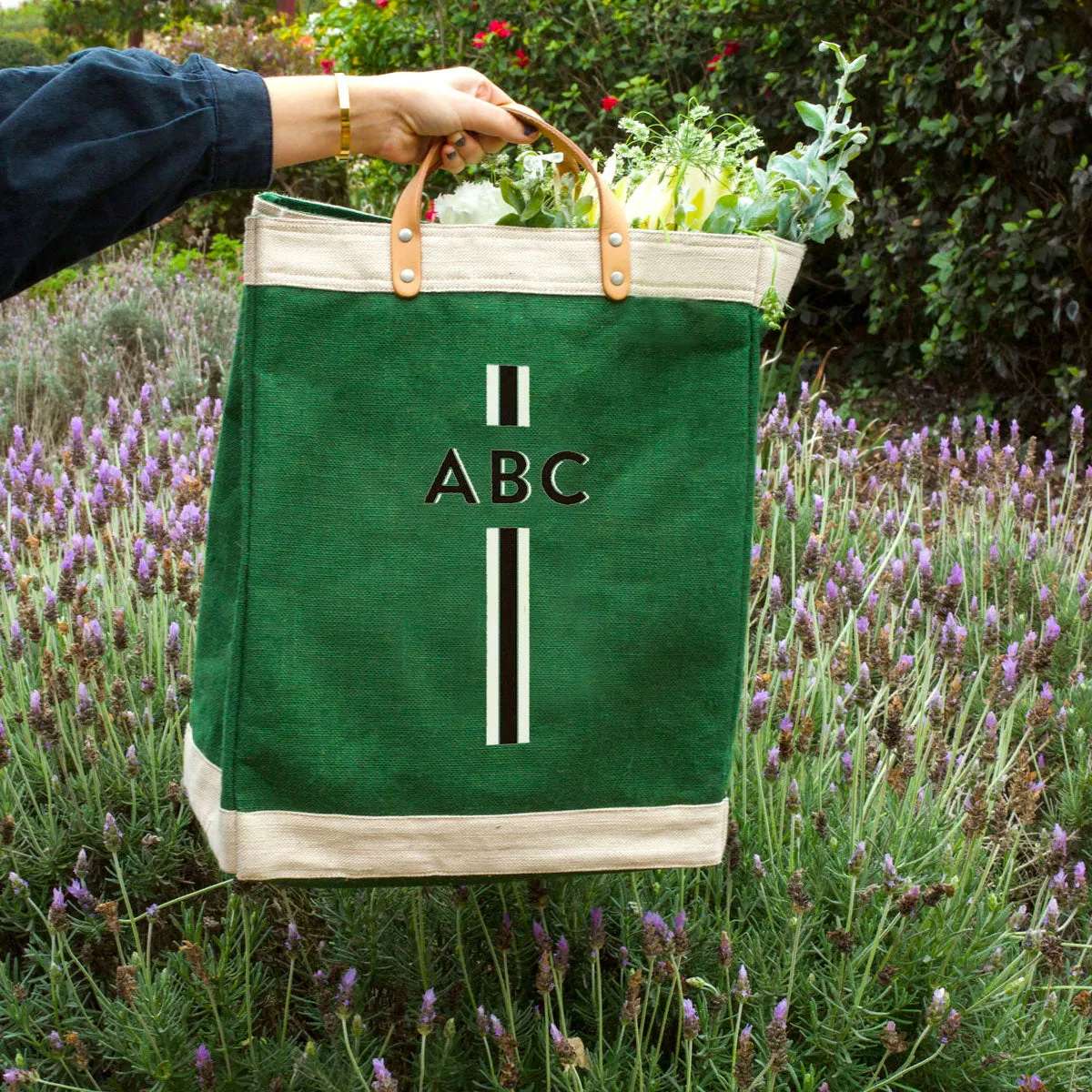 Market Bag in Field Green with Black Monogram