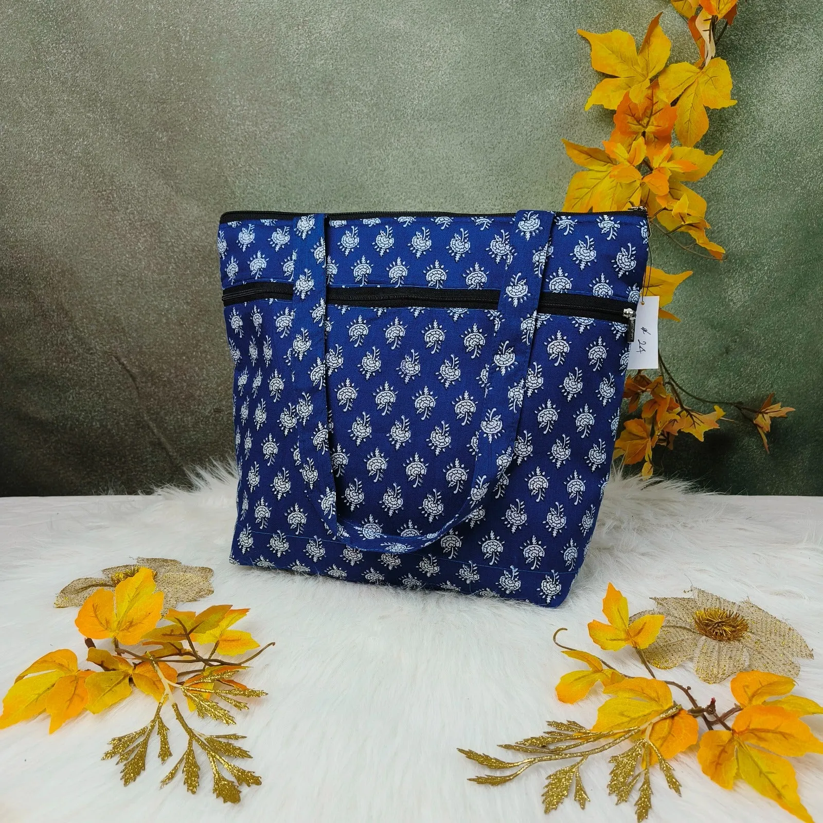 Medium Size Handbag Blue with White Ditsy Prints Design