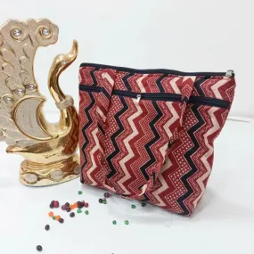 Medium Size Handbag Brown Colour with Black Zig Zag Design.