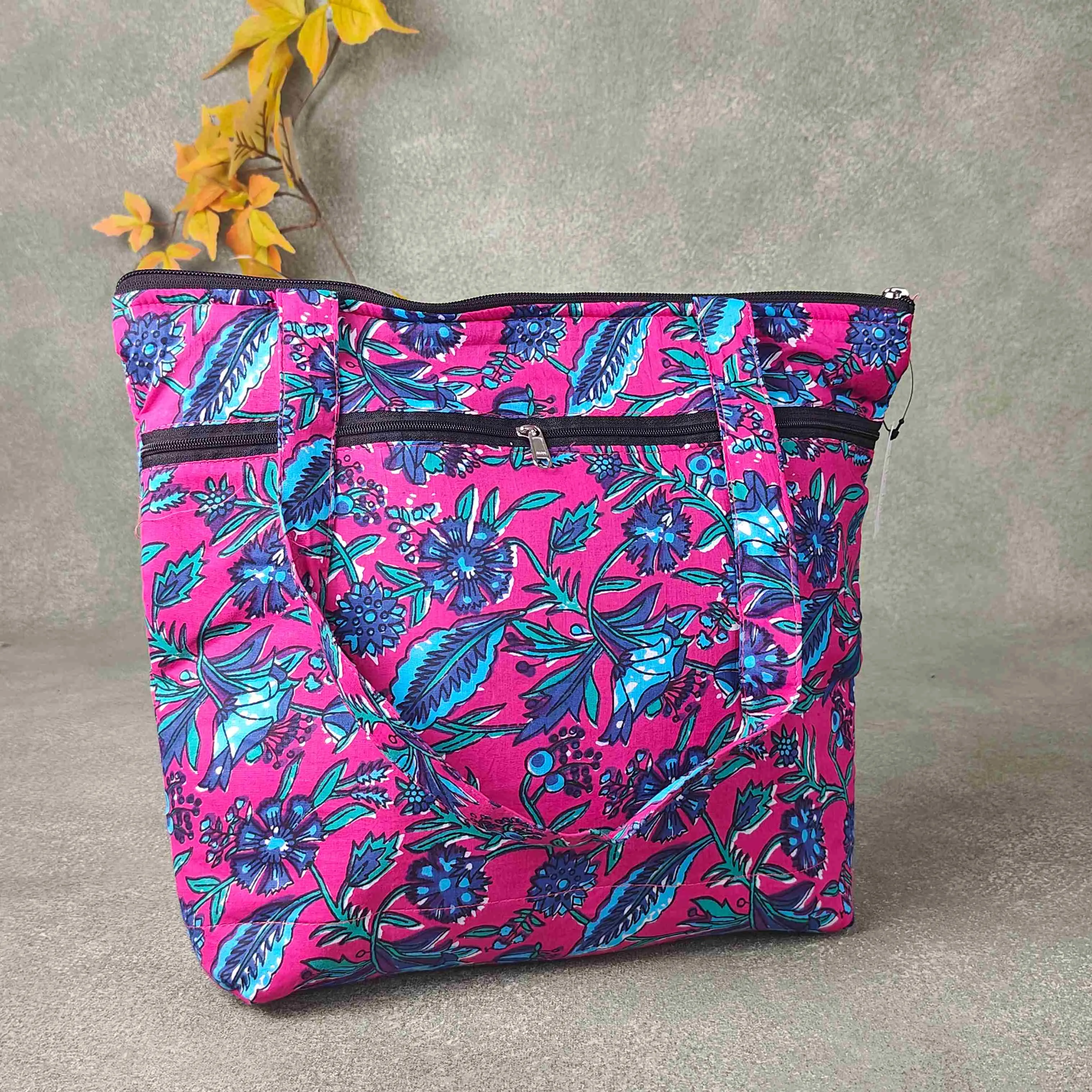 Medium Size Handbag Dark Pink with Blue Flower Leaf Design Prints.