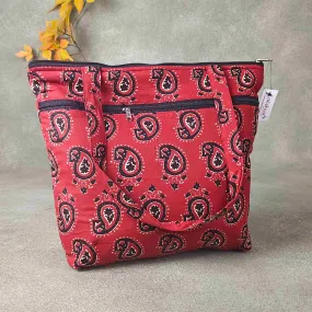 Medium Size Handbag Dark Red with Black Mango Flower Design Prints.