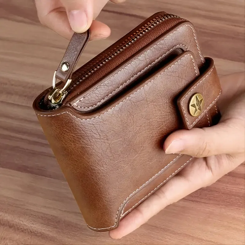 Men's PU Leather Solid Color Business Wallet, Card Holder With Zipper & Button