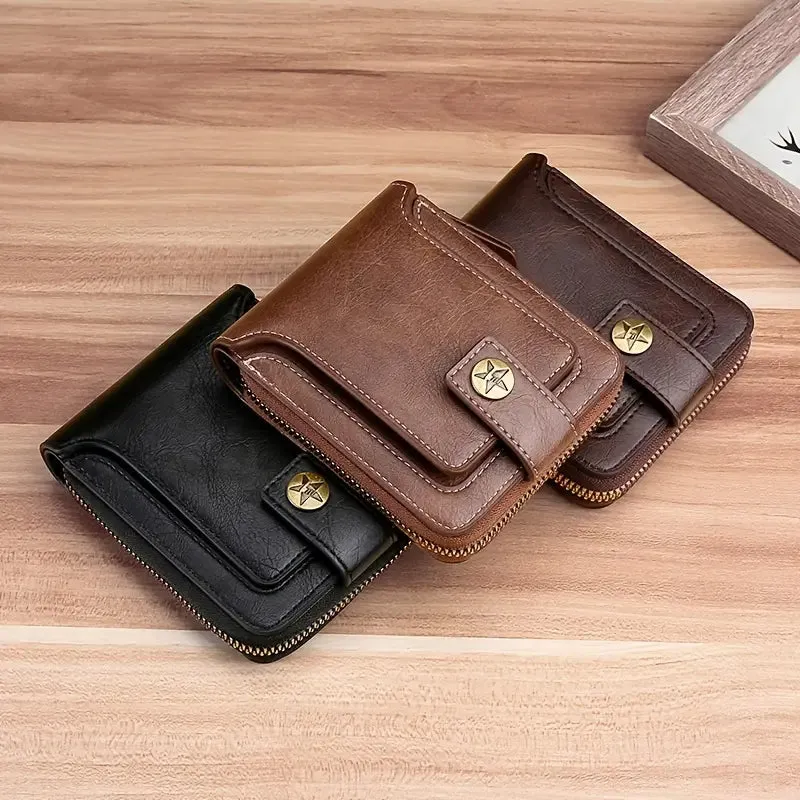 Men's PU Leather Solid Color Business Wallet, Card Holder With Zipper & Button