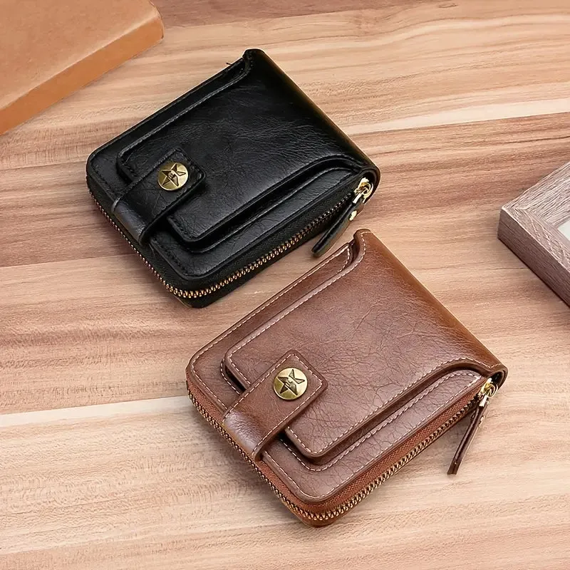 Men's PU Leather Solid Color Business Wallet, Card Holder With Zipper & Button