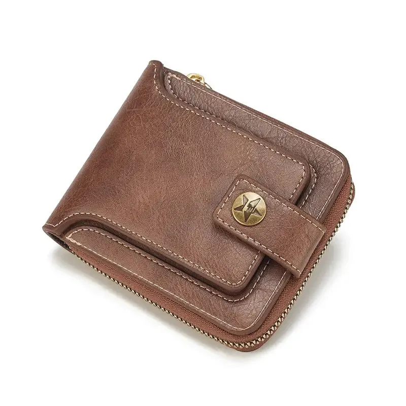 Men's PU Leather Solid Color Business Wallet, Card Holder With Zipper & Button