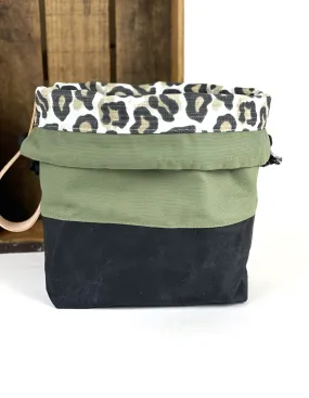 Olive, Leopard and Black Waxed Canvas Project Bag, Canvas Project Bag, Project Bag for Knitters, Knitting Bag