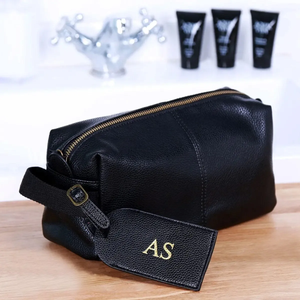 Personalised Luggage Tag And Faux Leather Wash Bag Set