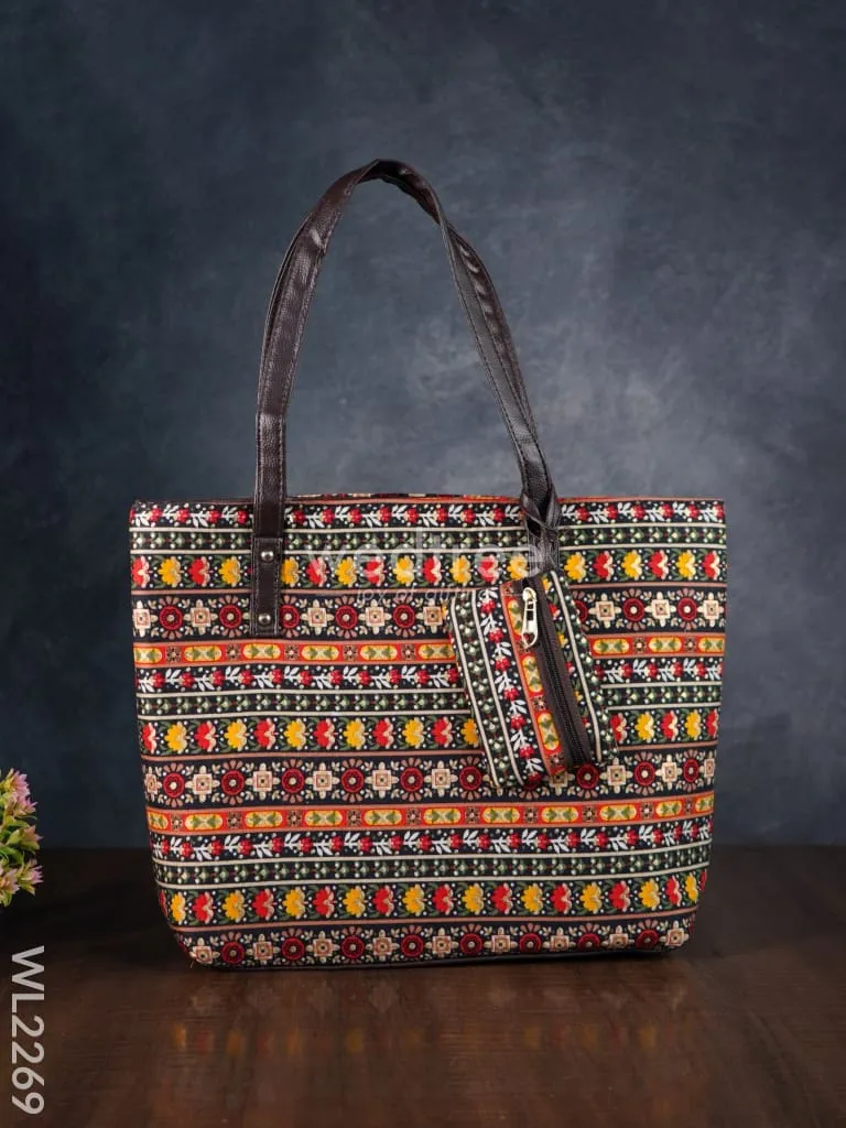 Printed Fabric Handbag - Leather Base - WL2269