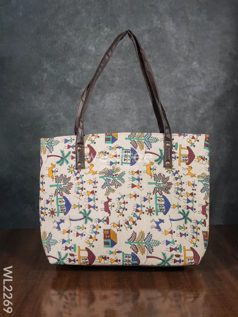 Printed Fabric Handbag - Leather Base - WL2269