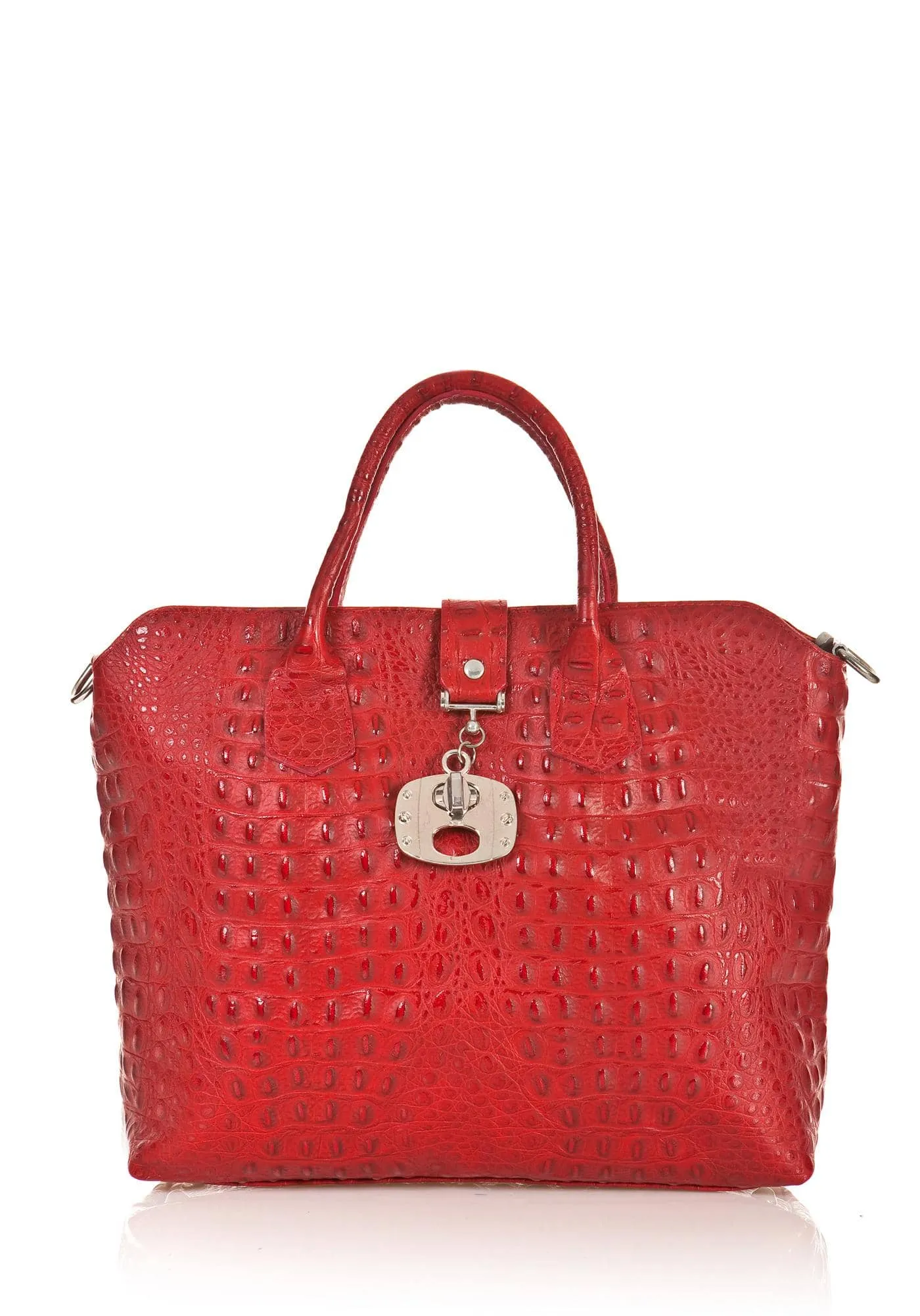 Red Leather Handbag Detachable Shoulder Strap Croc Embossed Made In Italy Large