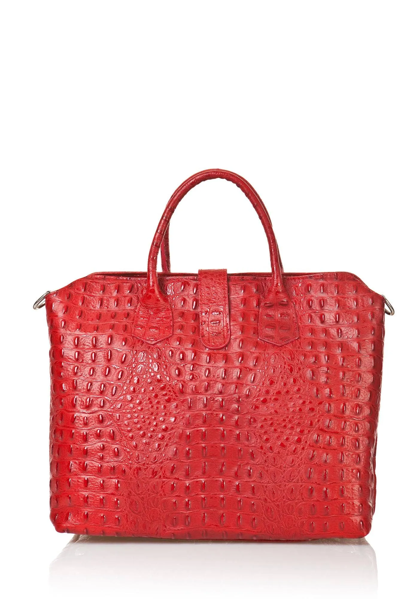 Red Leather Handbag Detachable Shoulder Strap Croc Embossed Made In Italy Large