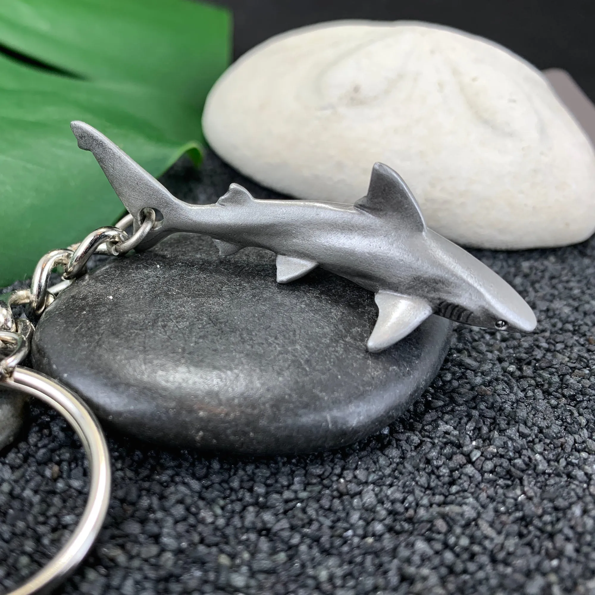 Reef Shark Keychain for Men and Women- Grey Reef Shark Keychain Charm, Gifts for Shark Lovers, Realistic Antique Pewter Keyring, Reef Shark Key Fob