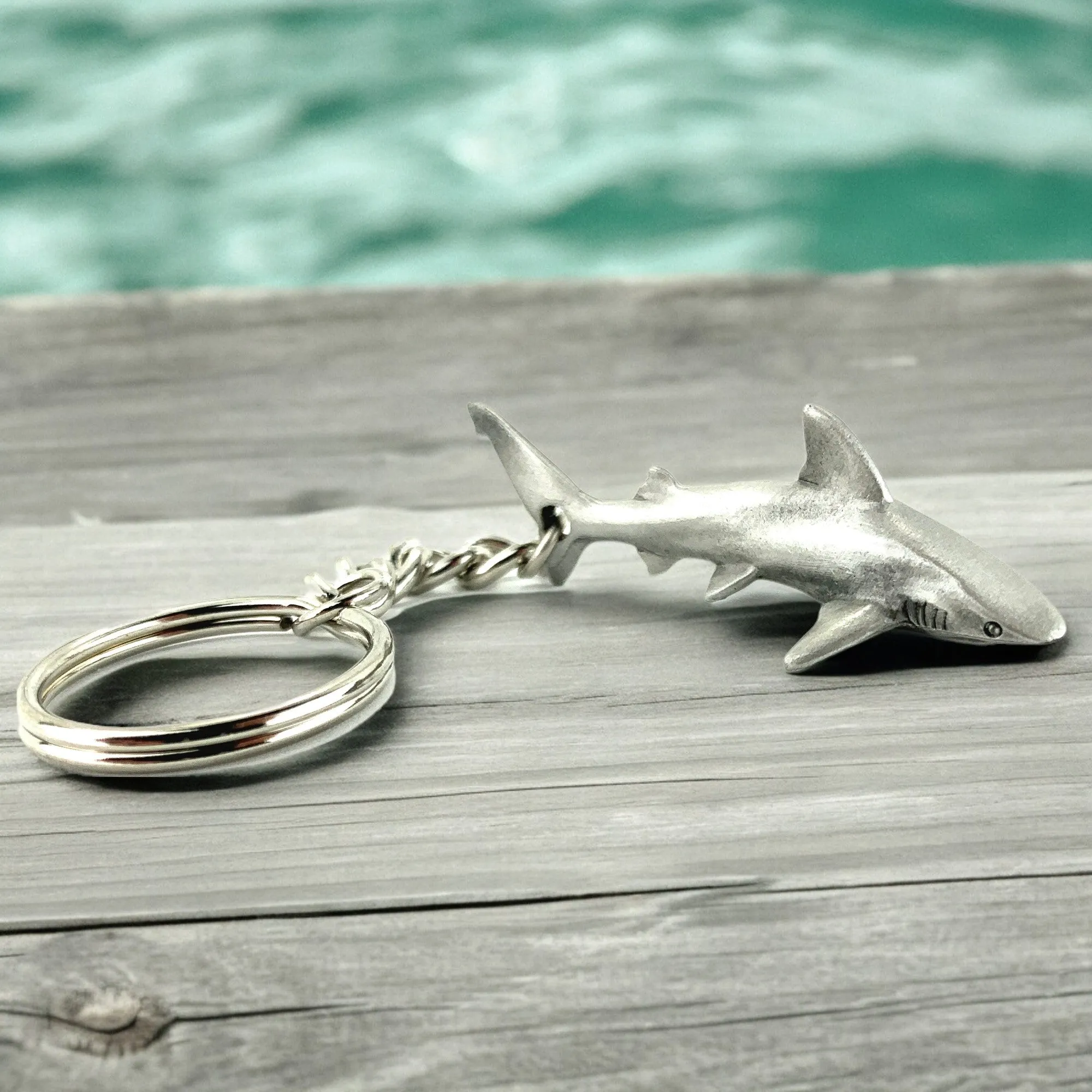 Reef Shark Keychain for Men and Women- Grey Reef Shark Keychain Charm, Gifts for Shark Lovers, Realistic Antique Pewter Keyring, Reef Shark Key Fob