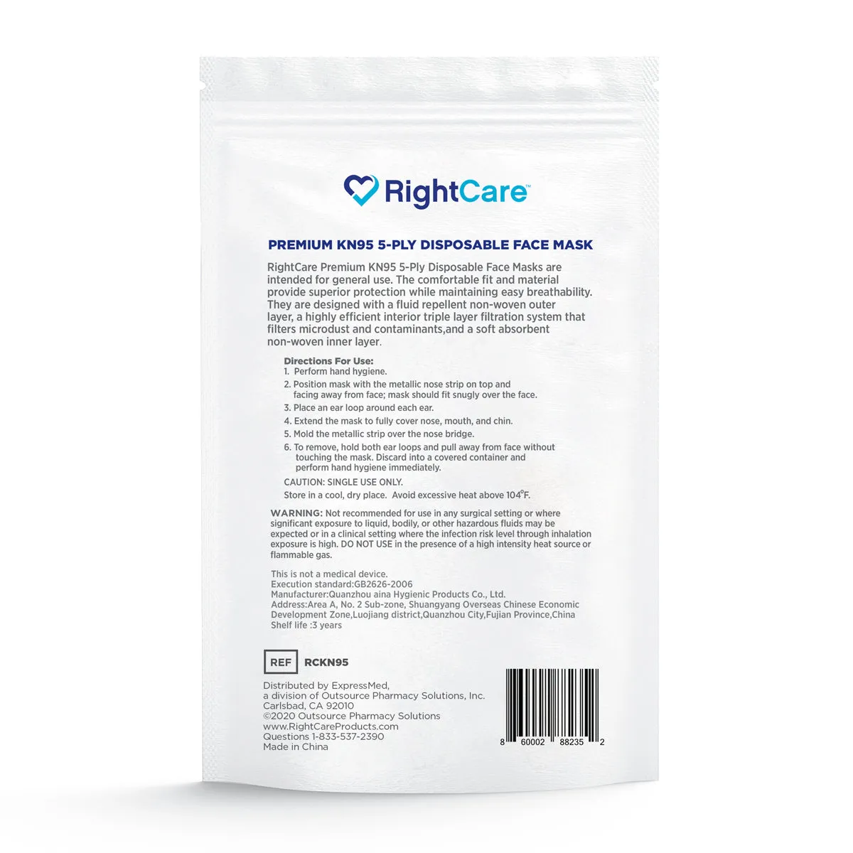 RightCare KN95 Protective Face Mask, 99% Filter Efficiency, 5-Ply Mask