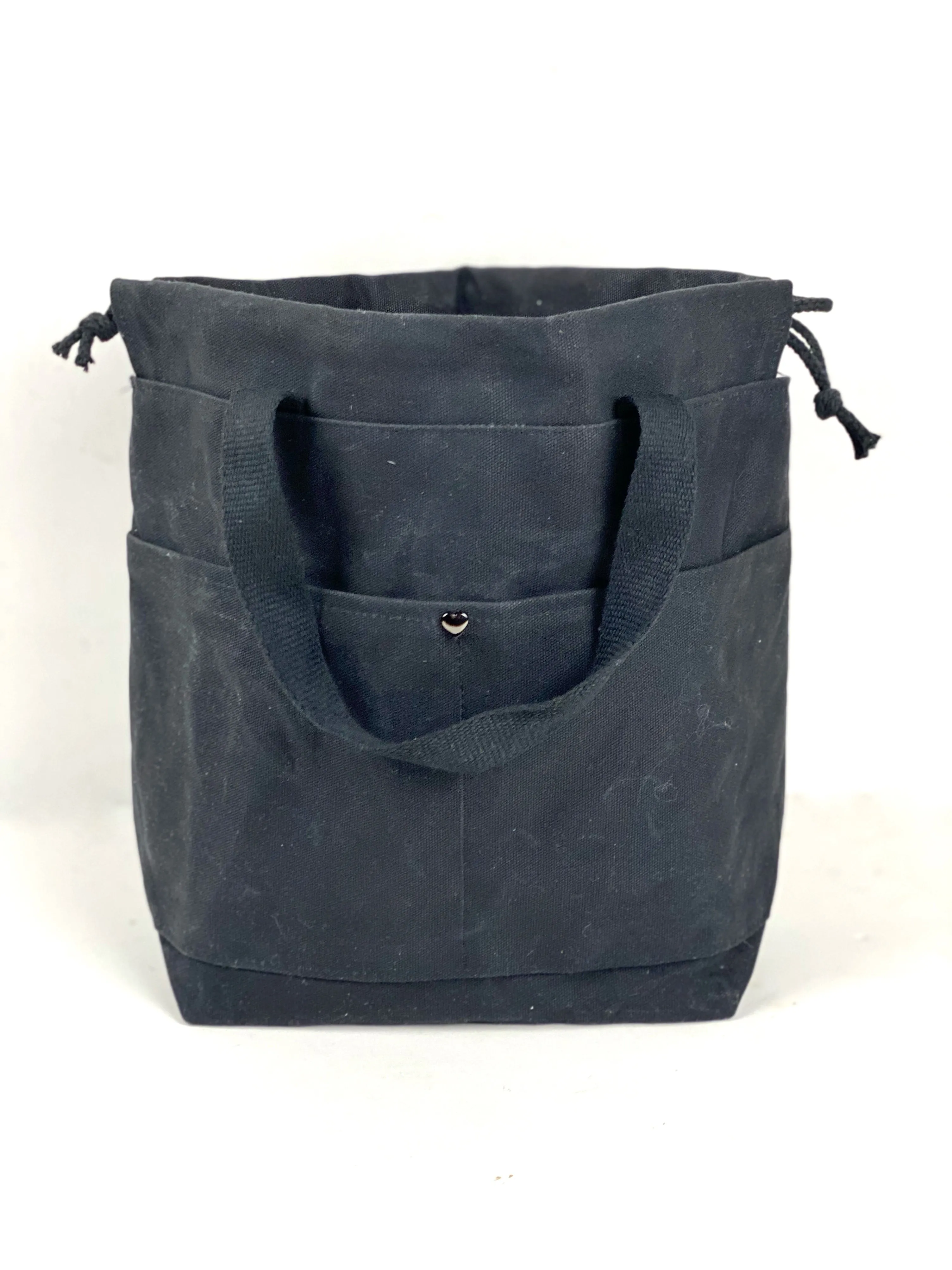 Solid Color Waxed Canvas Project Bag Knit or Crochet Drawstring Tote Strap Flat Bottom