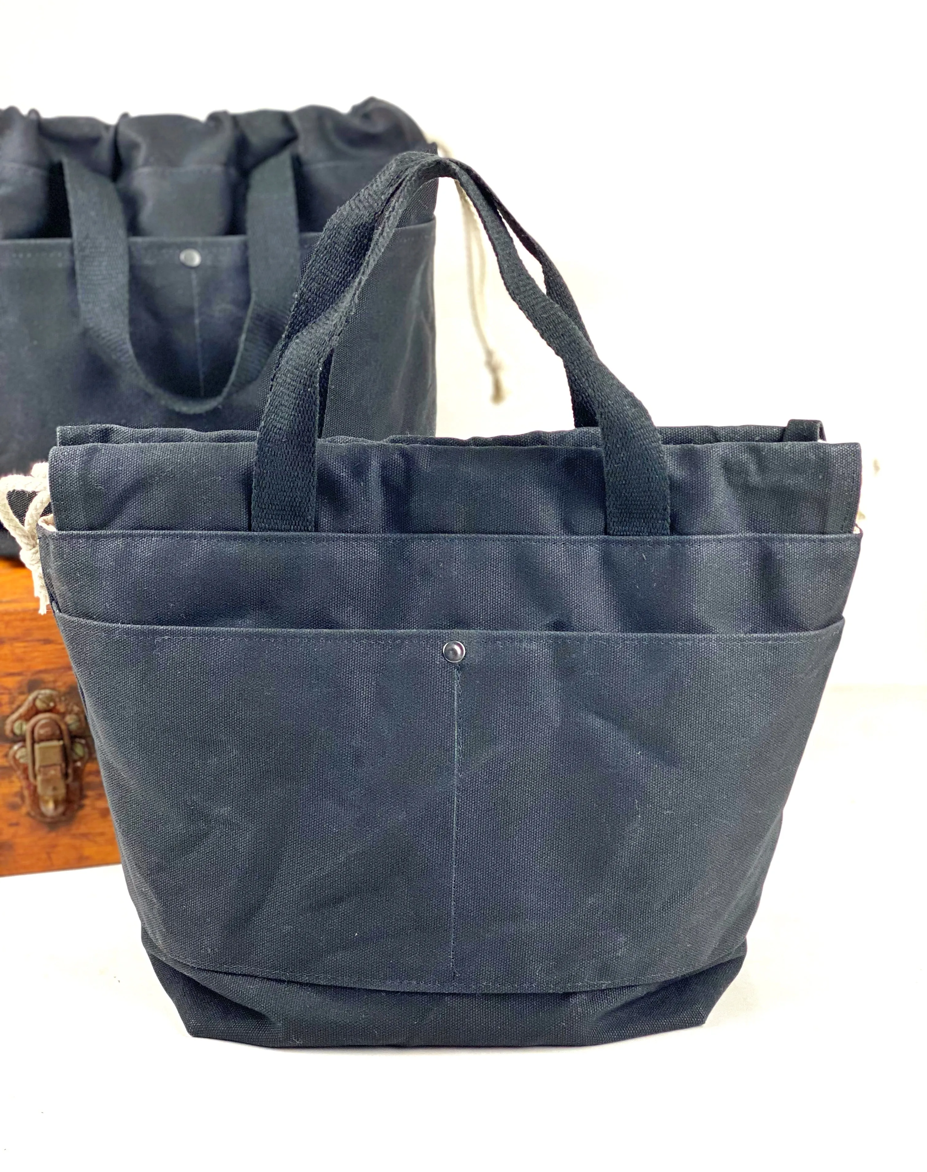 Solid Color Waxed Canvas Project Bag Knit or Crochet Drawstring Tote Strap Flat Bottom